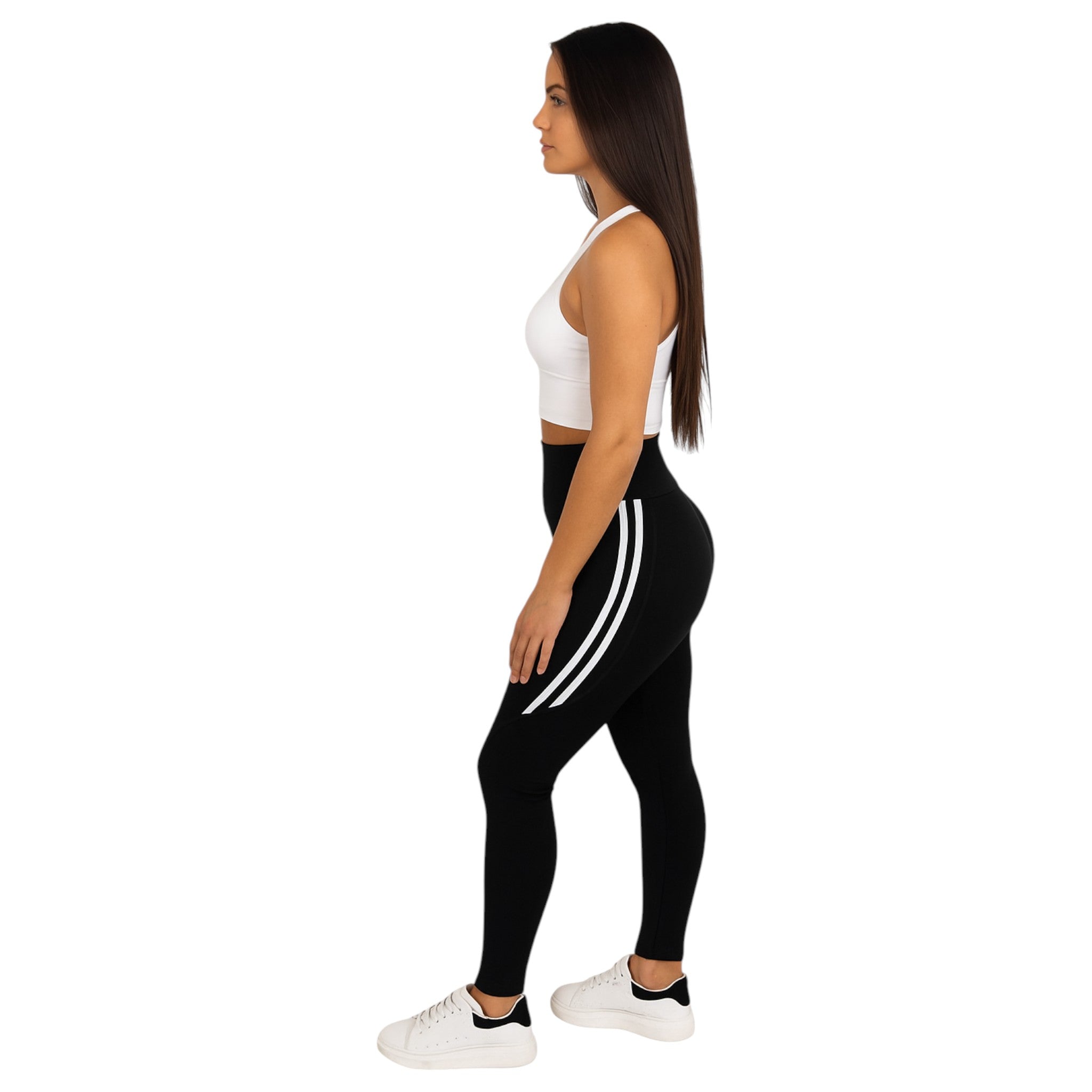 Ladies Black high-waisted gym leggings with white side stripes for women – stretchy activewear for fitness and casual wear.